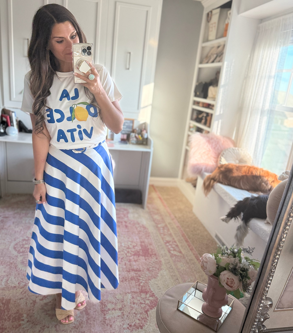 Graphic tee and striped skirt for Italy 

 
