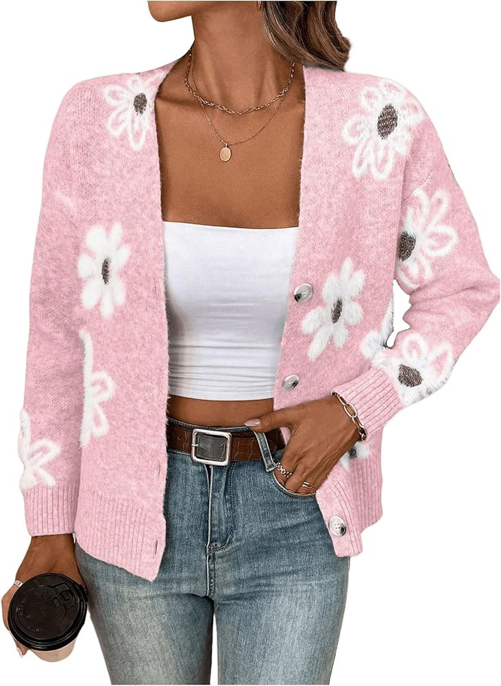 SHENHE Women's Floral Print Button Down Cardigan V Neck Drop Shoulder Knit Outerwear | Amazon (US)
