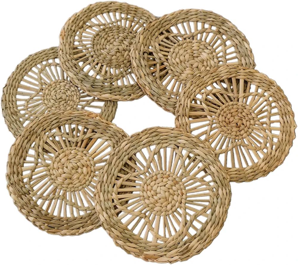 Set of 6 Seagrass Coasters with Holder, Handmade Teacup Coasters, Natural Woven Seaweed Seagrass ... | Amazon (US)