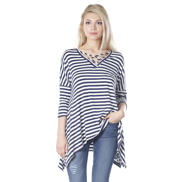 JED Women's Navy and White Striped Criss-cross Neckline Asymmetric Tunic Top | Bed Bath & Beyond