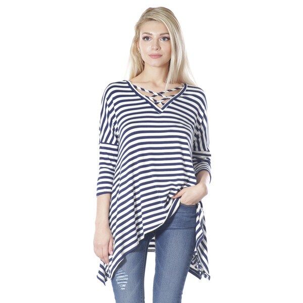 JED Women's Navy and White Striped Criss-cross Neckline Asymmetric Tunic Top | Overstock