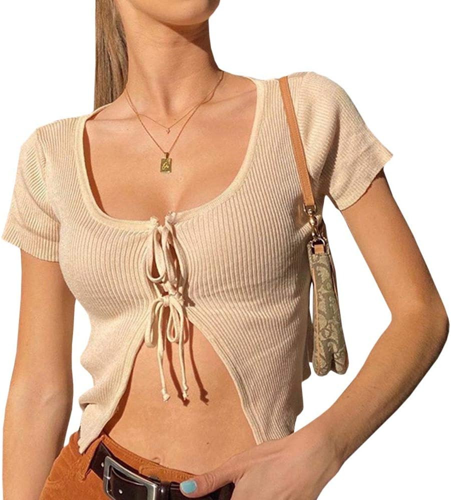 Sexyshine Women's Sexy Front Tie Up Crop Top Shirt Long Sleeve Lace Up Knitted Open Cardigan V Ne... | Amazon (US)