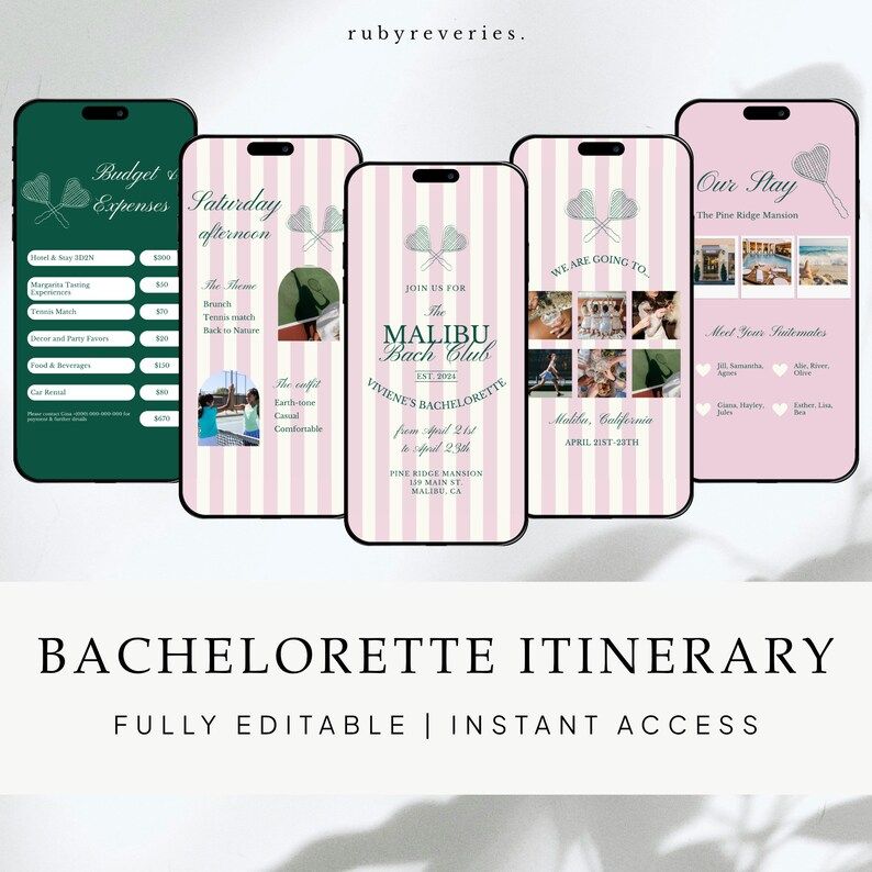 Malibu Country Club Bachelorette Planner, Editable Bachelorette Itinerary Template, Handdrawn Ten... | Etsy (US)