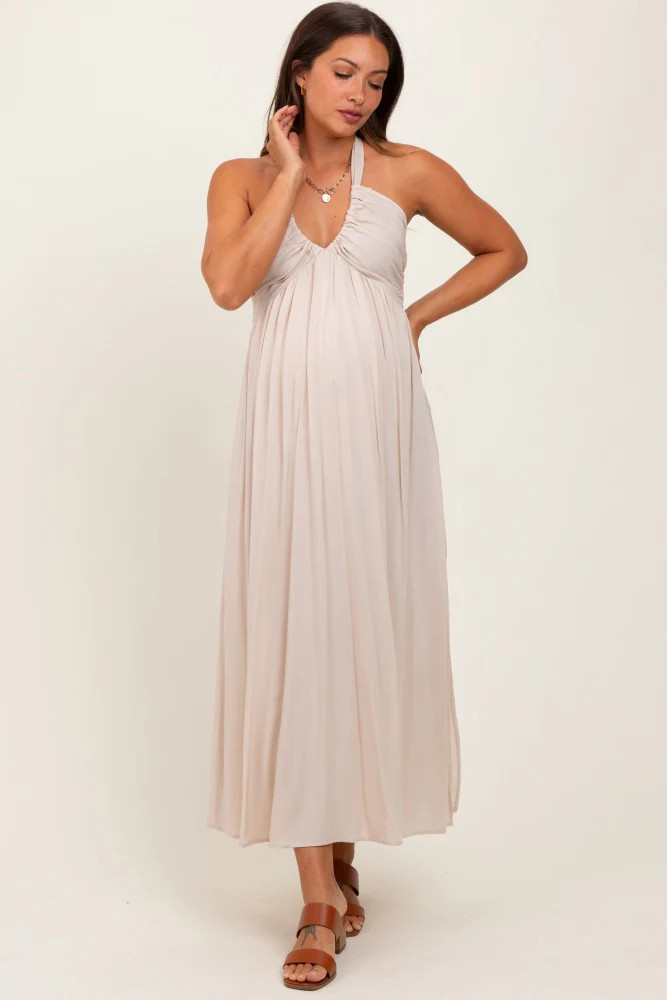 Cream Halter Neck Side Slit Maternity Midi Dress | PinkBlush Maternity