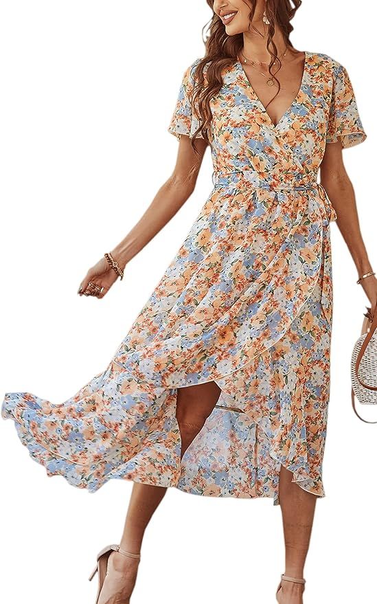Angashion Women's Dress Summer Short Sleeves Floral Printed Boho Wrap V Neck High Low Irregular R... | Amazon (US)
