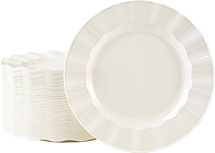 72 Pack Ivory Plastic Plates, 7" Disposable Wave Edge Dessert Plates | Amazon (US)