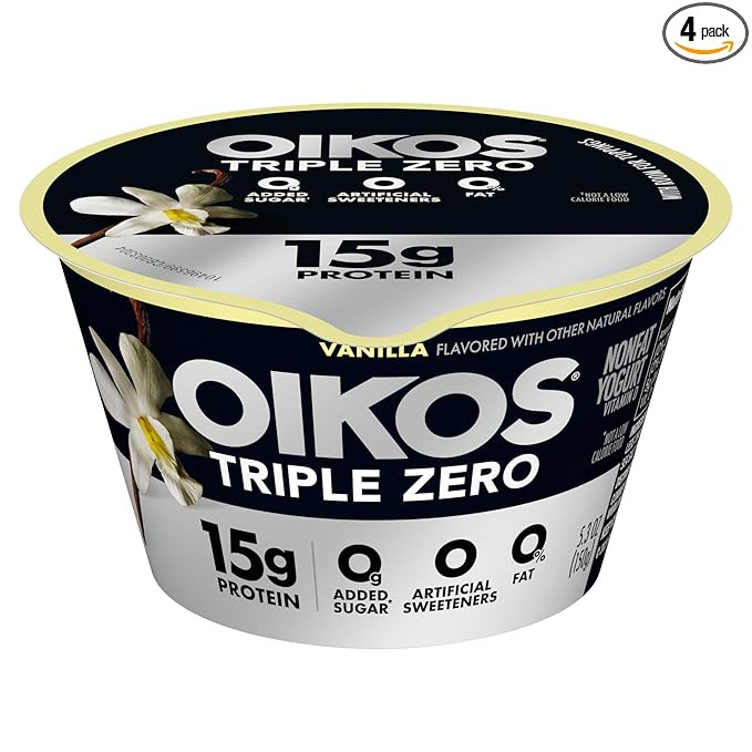 Oikos Triple Zero Vanilla Nonfat Greek Yogurt, 0% Fat, 0g Added Sugar and 0 Artificial Sweeteners... | Amazon (US)
