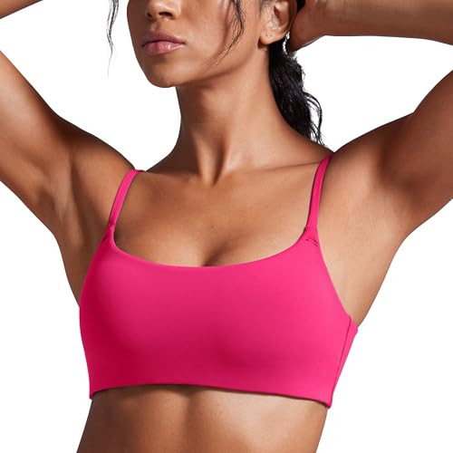 CRZ YOGA Butterbreeze Scoop Neck Sports Bras for Women - Spaghetti Straps Wireless Workout Padded Gym Cami Top Granita Pink Large | Amazon (US)