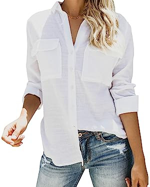 Runcati Womens Button Down Shirt Cotton Linen Long Sleeve V Neck Dress Shirts Casual Loose Roll U... | Amazon (US)