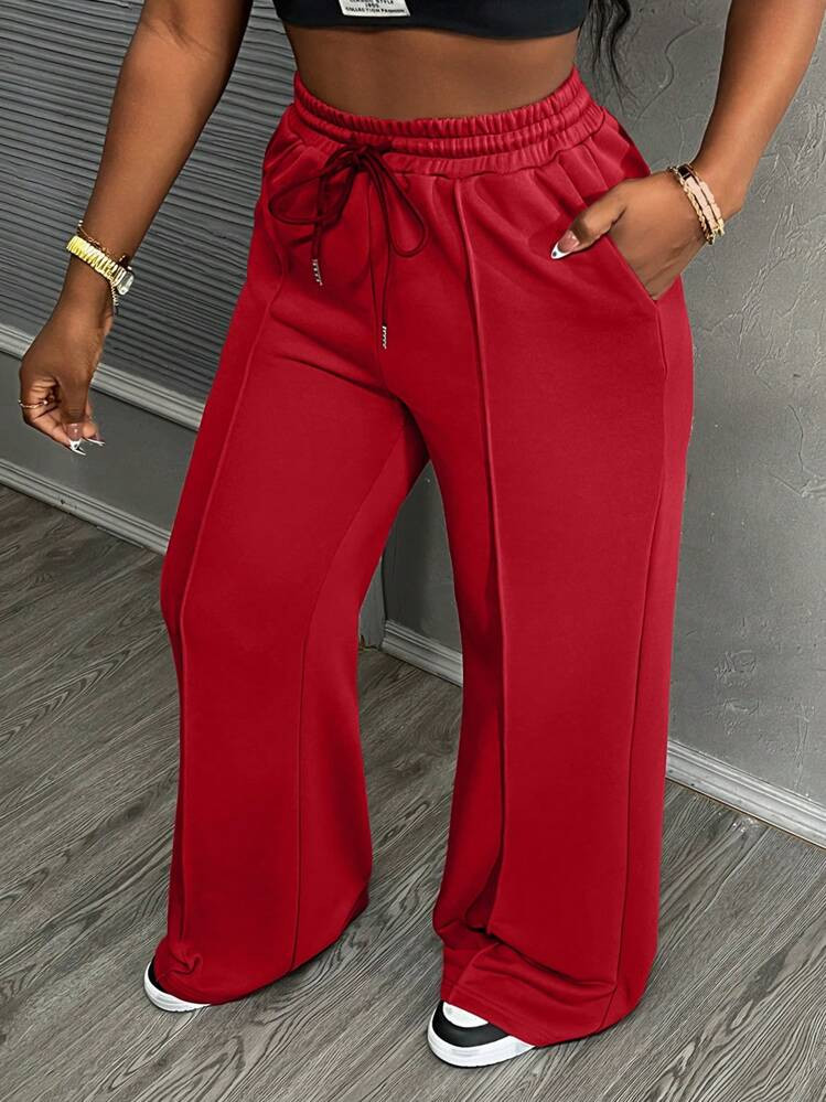 Slaydiva Women's Solid Color Drawstring Waist Pocket Straight Loose Casual Sports Pants | SHEIN