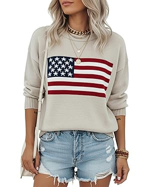 Noni Women's American Flag Pattern Long Sleeve Lightweight Round Neck Sweater Casual Loose Pullov... | Amazon (US)