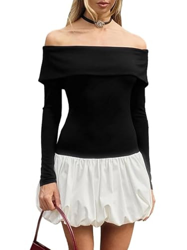 Mojessy White Bubble Dress for Women Sexy Off Shoulder Long Sleeve Bubble Skirt Dress Y2k Bubble Mini Dress Party Dress Medium White | Amazon (US)