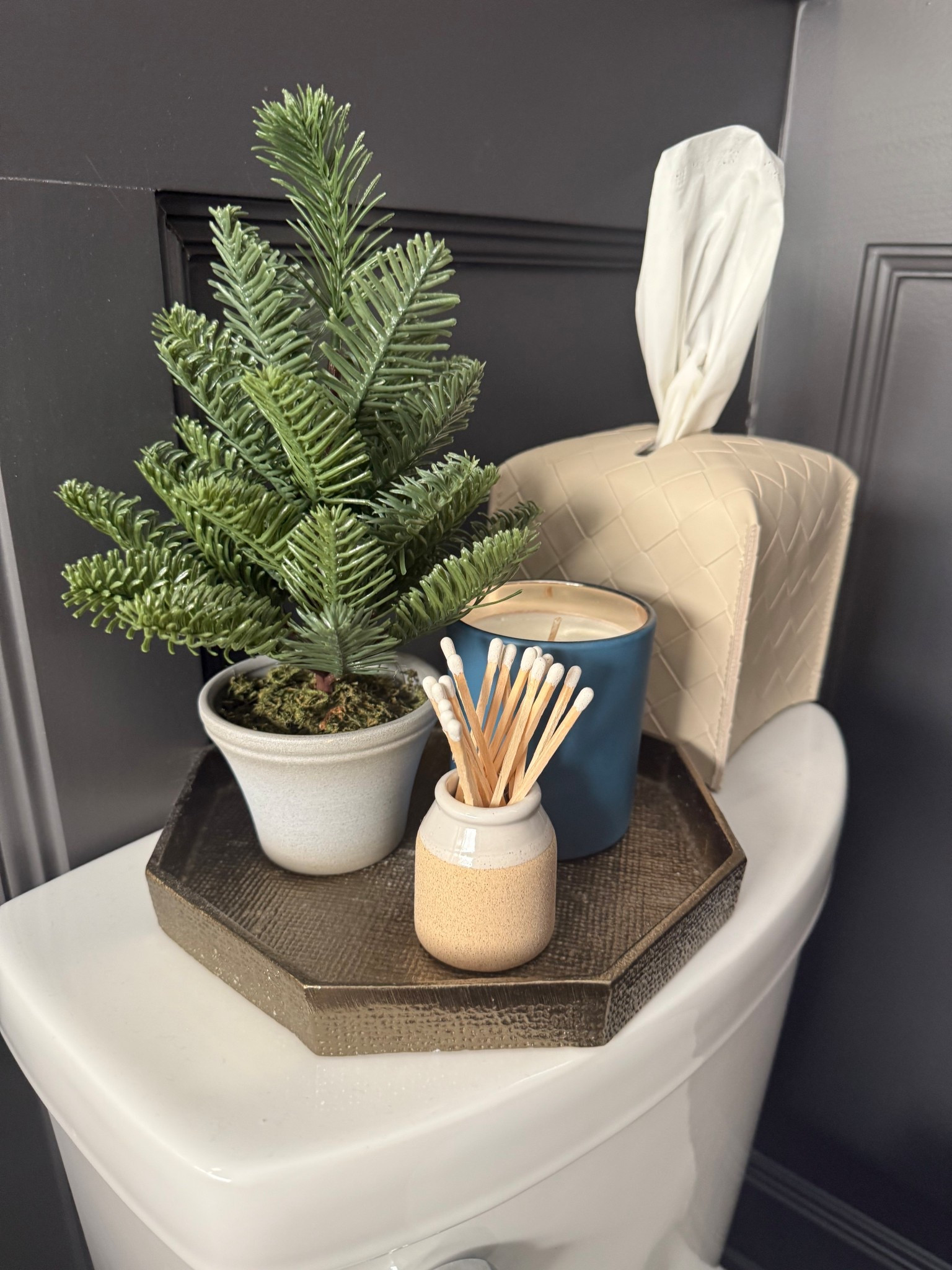 Small faux winter tree! Bathroom decor for the holidays! Tissue box cover, match holder! 

#LTKSeasonal #LTKHoliday #LTKHome