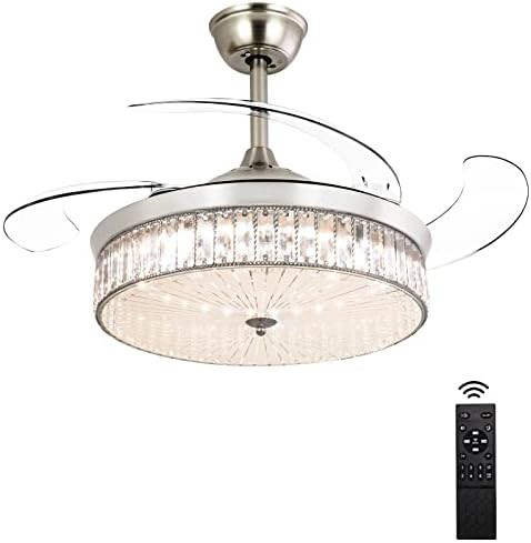 Ohniyou 42" Retractable Ceiling Fan with Light, Crystal Chandelier Ceiling Fans Indoor with Light fo | Amazon (US)