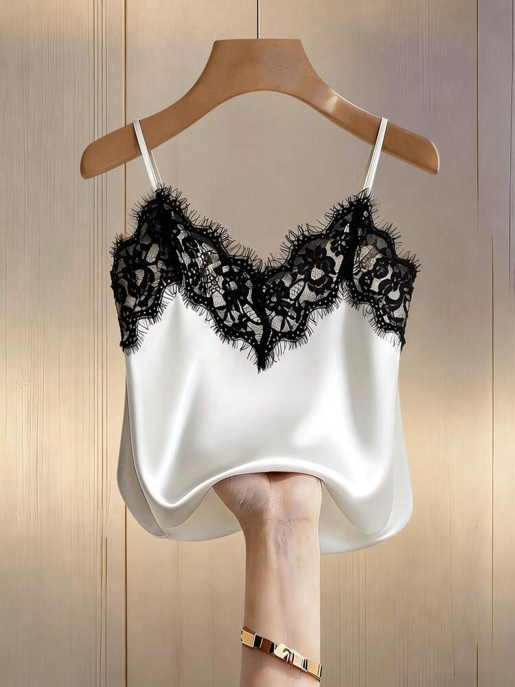 Franclia Sexy Fitted Lace Patchwork Satin Camisole Top, Summer Beach Vacation Casual Travel Chic Vest For Women | SHEIN