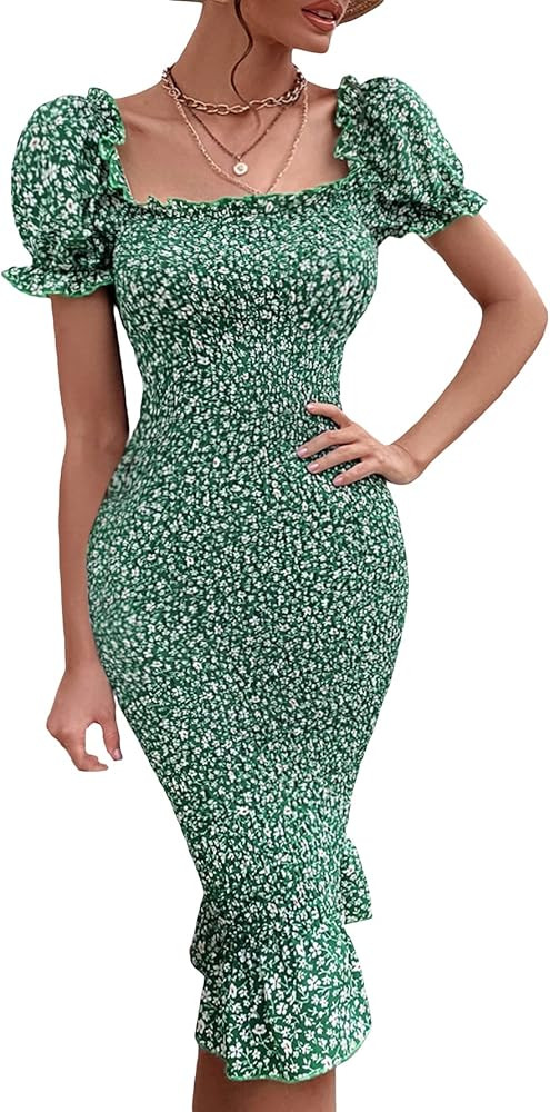 SheIn Women's Floral Shirred Puff Short Sleeve Midi Bodycon Dress Ruffle Frill Trim Square Neck Dres | Amazon (US)