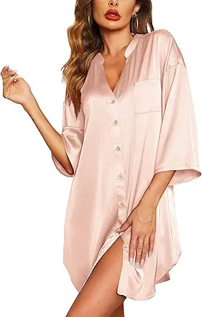 Ekouaer Satin Nightgowns for Women Silk Sleepwear Button Down Sleepshirt 3/4 Sleeve V-Neck Nights... | Amazon (US)