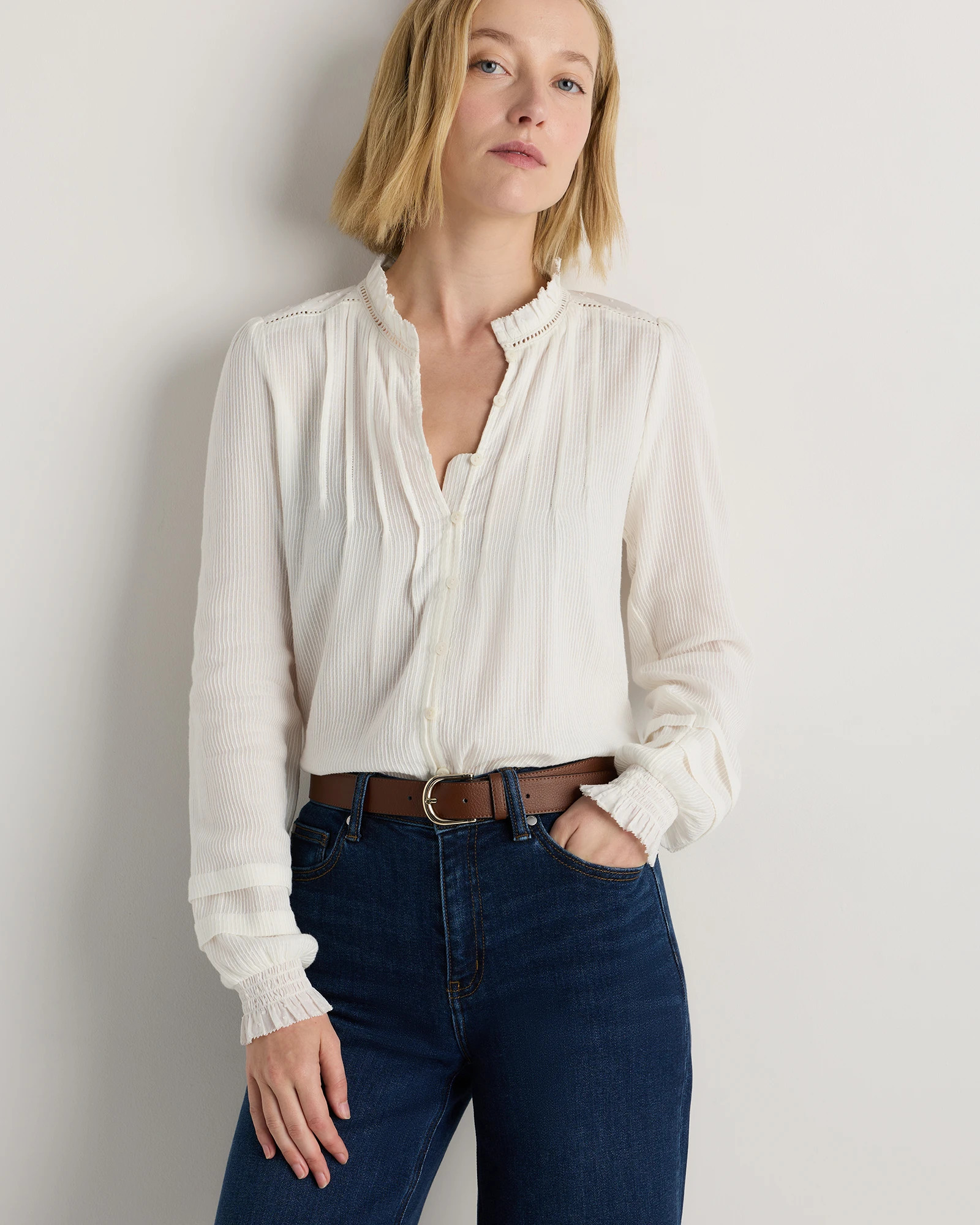 Quince | Women's Organic Textured Cotton Peasant Blouse in Cafe au Lait, Size Large, Organic Cotton | Quince