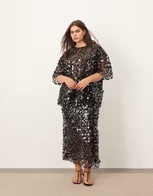 ARRANGE Curve sheer grid sequin tee & maxi skirt set in black | ASOS (Global)