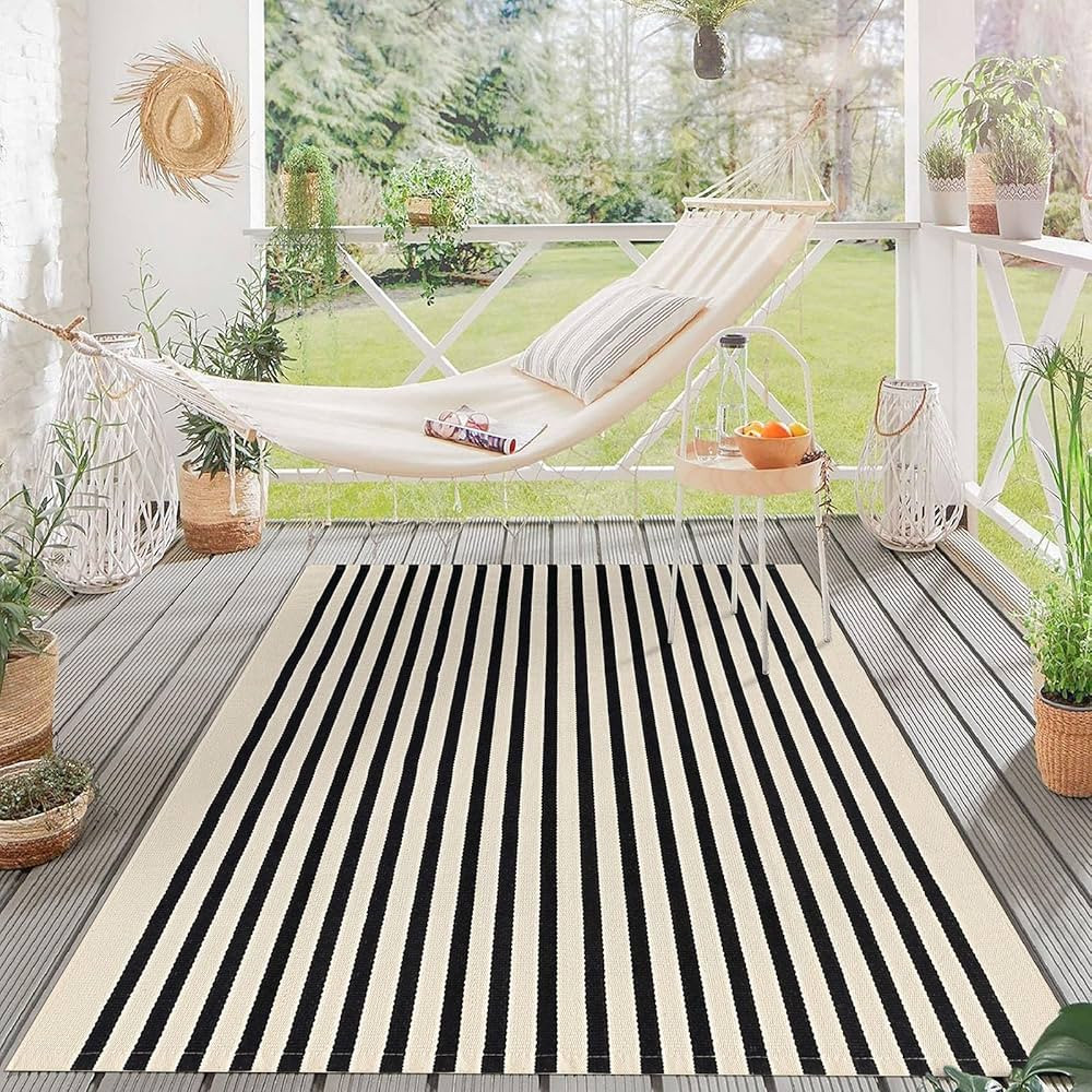 KOZYFLY Black and Beige Striped Rug 4x6 Ft Area Rug Washable Indoor Outdoor Rug Cotton Door Mat f... | Amazon (US)