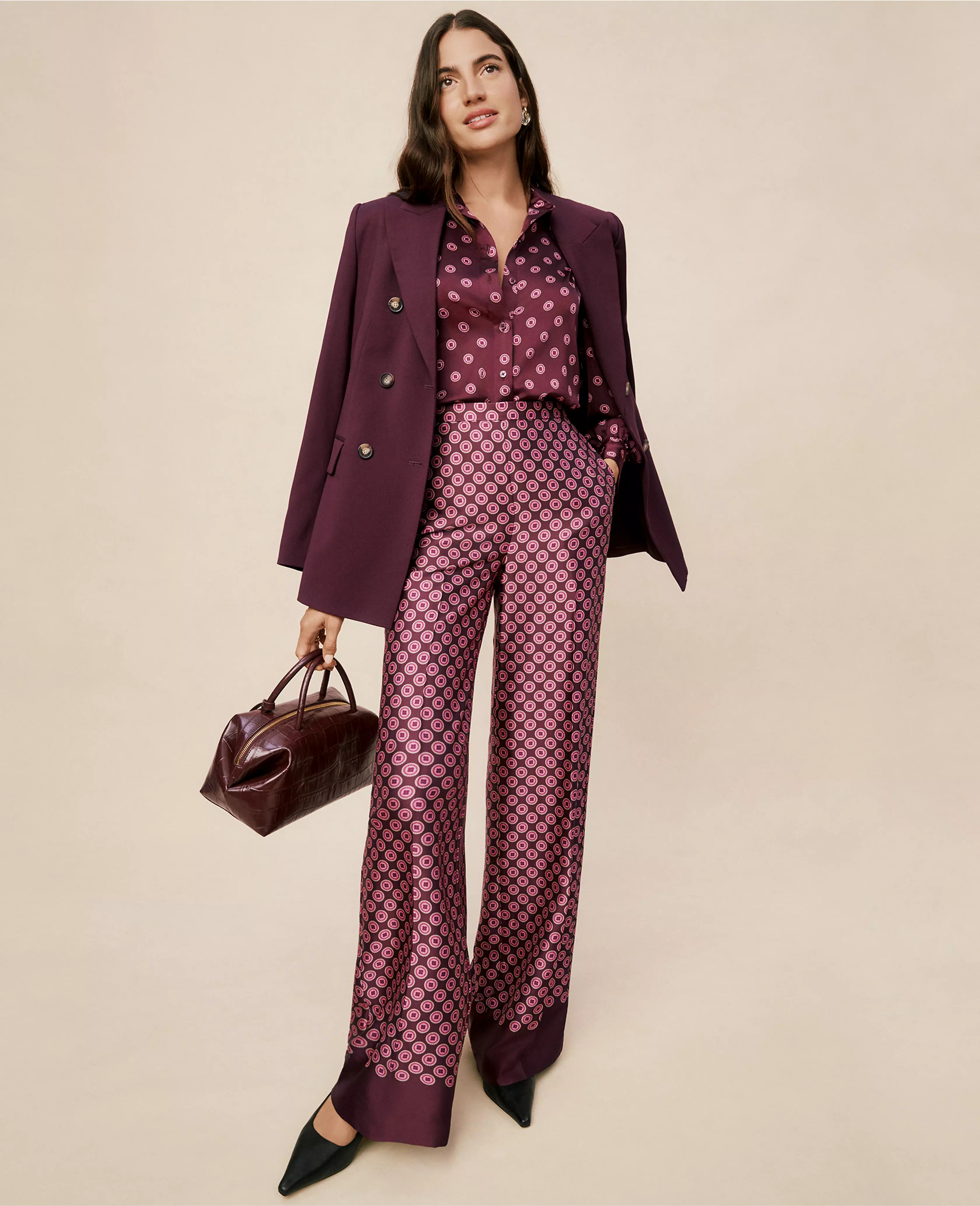 The Petite Wide-Leg Pant in Satin Geo Print | Ann Taylor