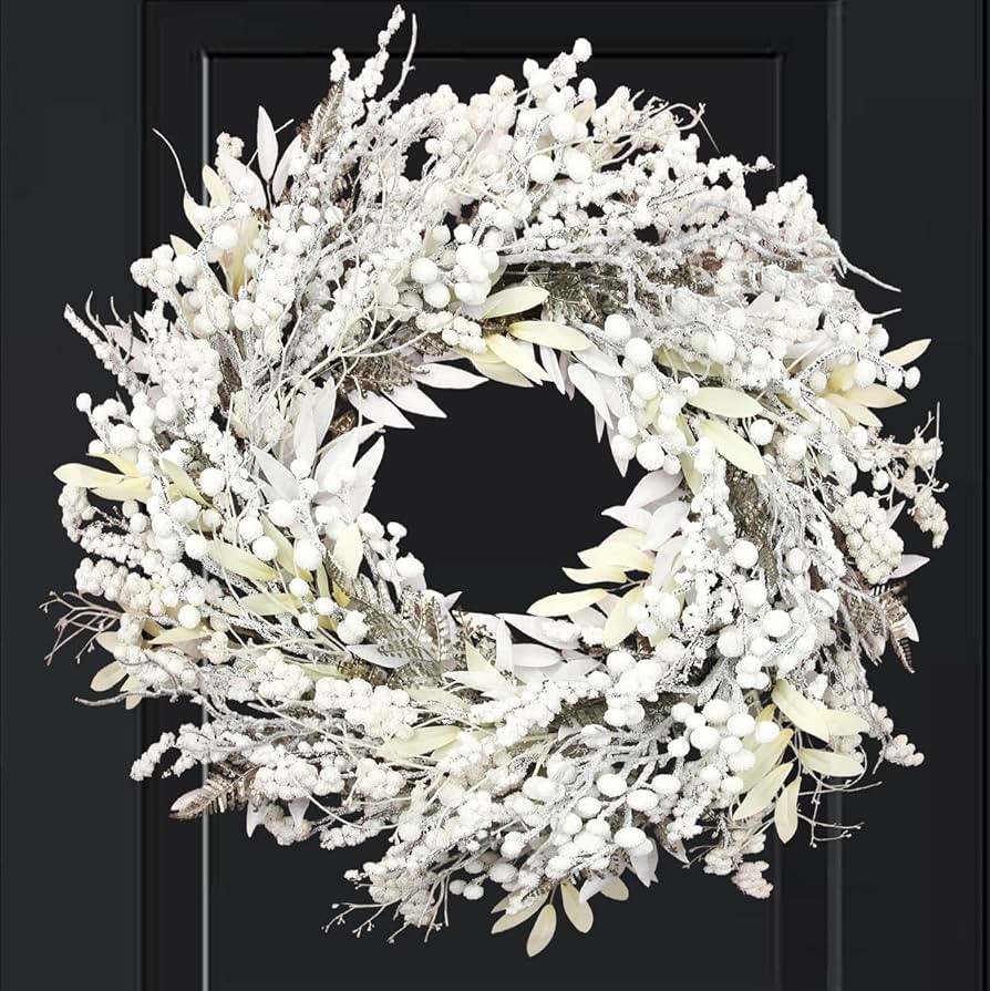 24" Christmas Wreaths for Front Door, White Berries Leaves Winter Xmas Wreath Outdoor Holiday Dec... | Amazon (US)