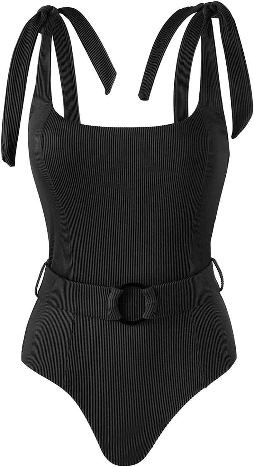 Women's One Piece Swimsuits Belt Tummy Control Bathing Suits Tie Shoulder Swimwear | Amazon (US)