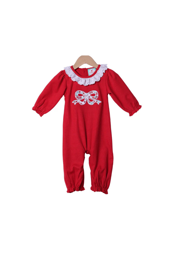 Applique Christmas Floral Bow Red Cardigan Romper | The Smocked Flamingo