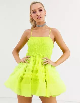 Lace & Beads structured tulle mini dress with built in bodysuit  in neon lime | ASOS (Global)