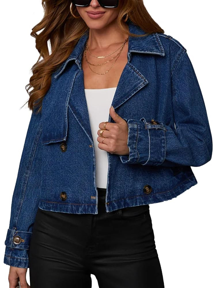 Womens Cropped Double Breasted Denim Trench Coat Vintage Notched Collar Work Office Crop Jean Jac... | Amazon (US)