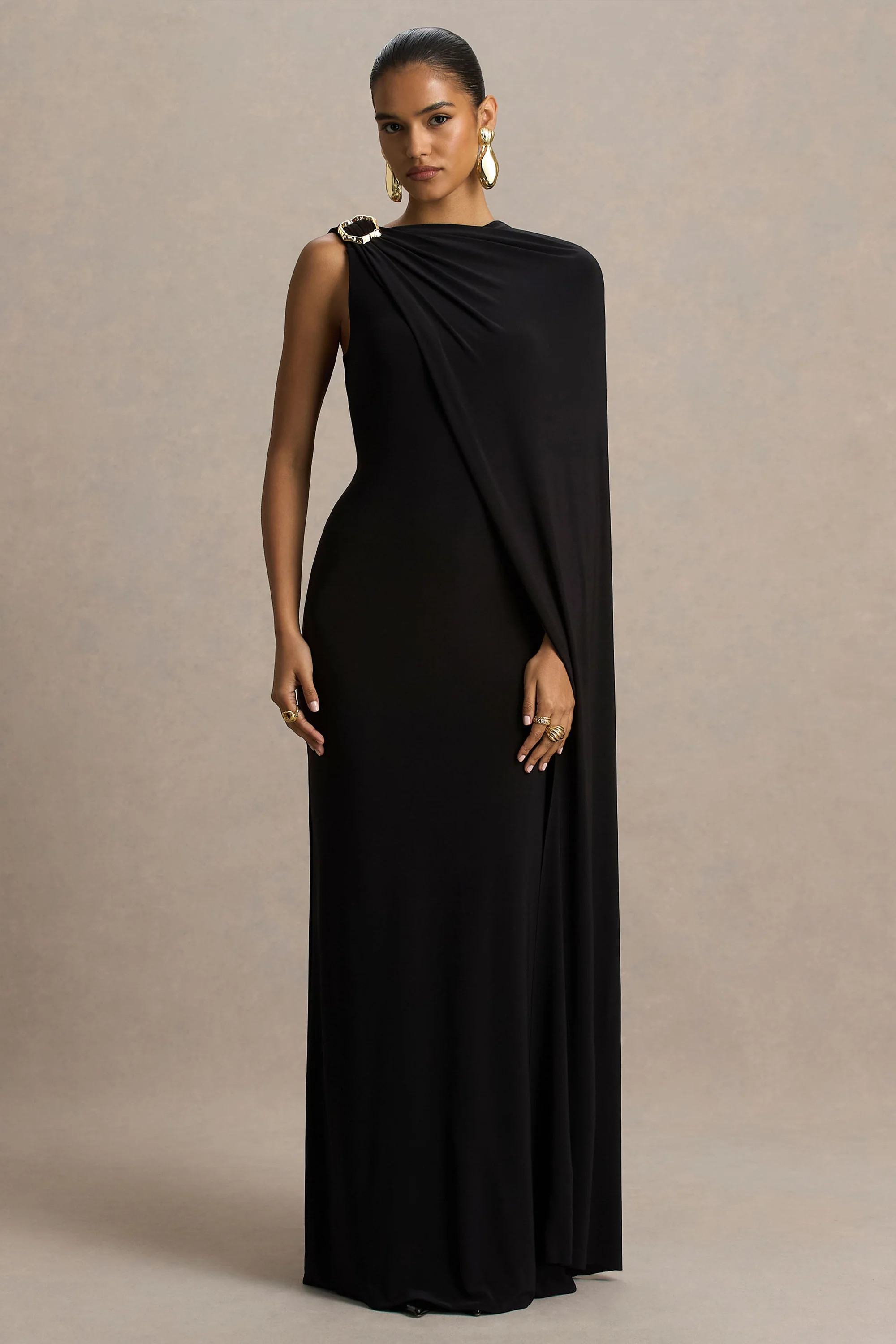 Cressida | Black Asymmetric-Neck Maxi Dress With Cape And Gold Detail | Club L London