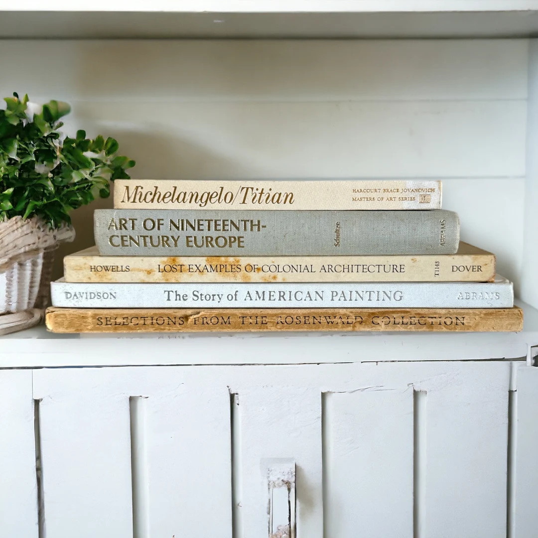 Vintage Neutral Art Books Stack, Shabby Art Books, Rustic Old Art Books, White Tan and Beige Book... | Etsy (US)