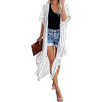 Women Striped Roll-up Sleeve Open Front Cardigan Kimono Outerwear | Amazon (US)