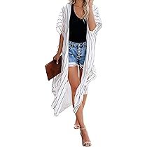 Women Striped Roll-up Sleeve Open Front Cardigan Kimono Outerwear | Amazon (US)