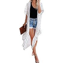 Women Striped Roll-up Sleeve Open Front Cardigan Kimono Outerwear | Amazon (US)