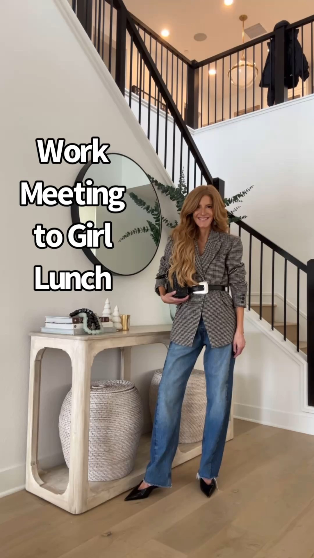 Fall outfit Plaid wool blazer xs 
Comfy barrel leg jeans run true to size 
Casual work to play!

#LTKFindsUnder100 #LTKOver40 #LTKHoliday