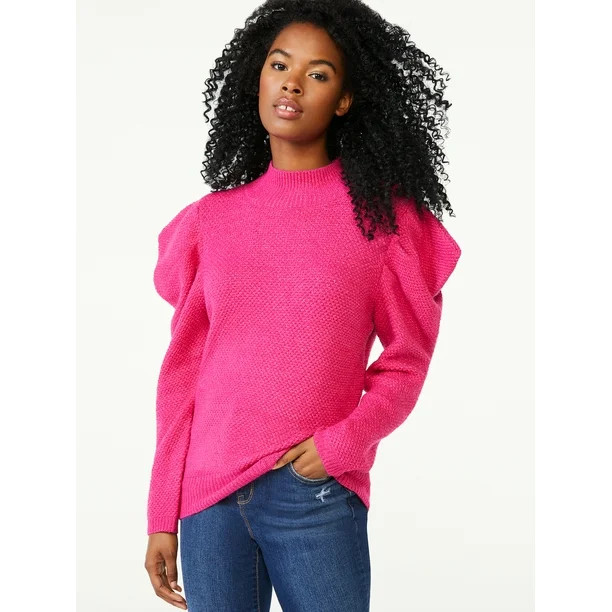 Scoop Women's Mock Neck Sweater with Pleated Puff Sleeves - Walmart.com | Walmart (US)