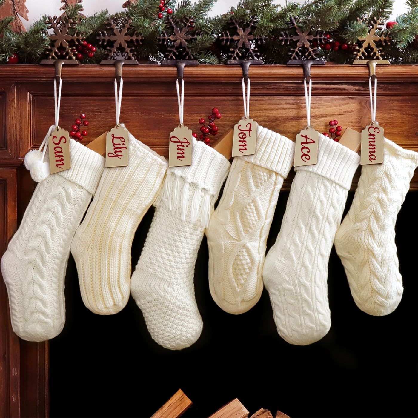 Pawliss Christmas Stockings: 6 Pack Cream & White Cable Knit Patterns Fireplace Stockings, Rustic... | Amazon (US)