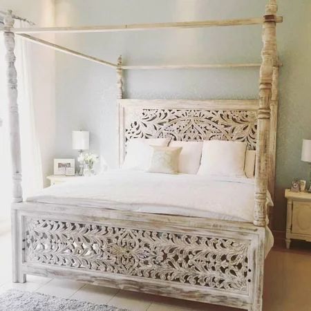 Dynasty Hand Carved Bohemian Indian Tall Wooden Canopy in White Wash Color King Size Loft Bed Frame. | Walmart (US)