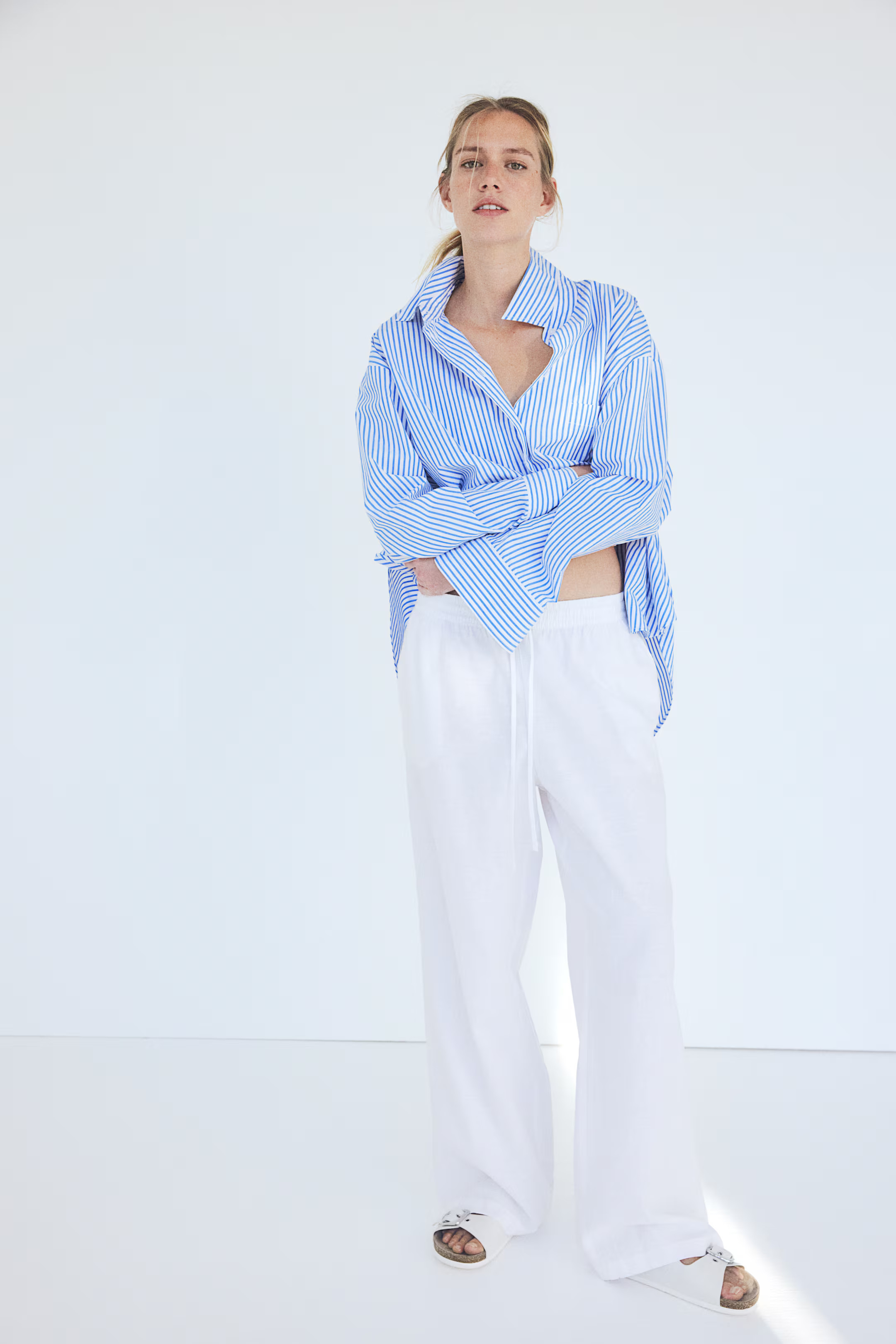 Linen-blend trousers - Regular waist - Long - White - Ladies | H&M GB | H&M (UK, MY, IN, SG, PH, TW, HK)