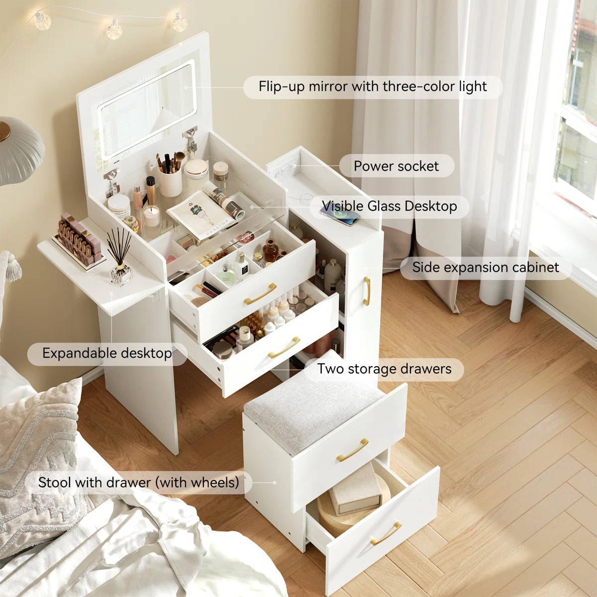 3 in 1 Vanity Desk with Plip Top Mirror and 3 Color LED Lighted, Small Vanity Desk with Power Out... | Wayfair North America