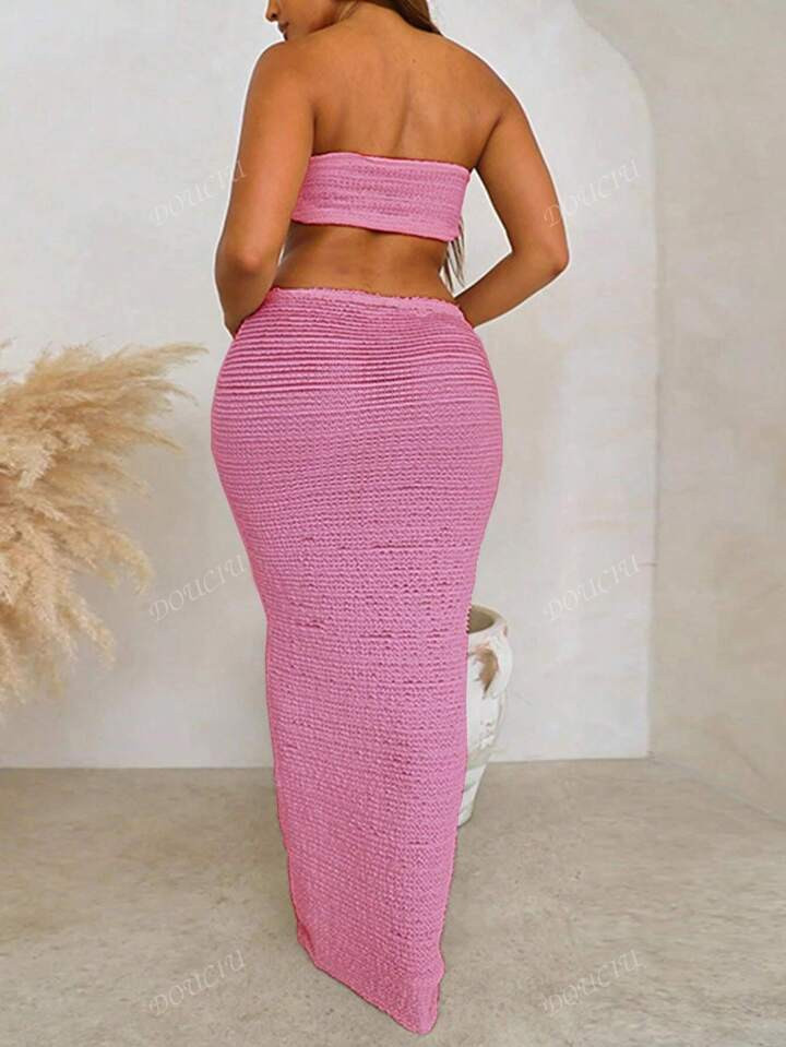 2pcs/Set Bandeau Top And High Waisted Tie Waist Maxi Skirt | SHEIN