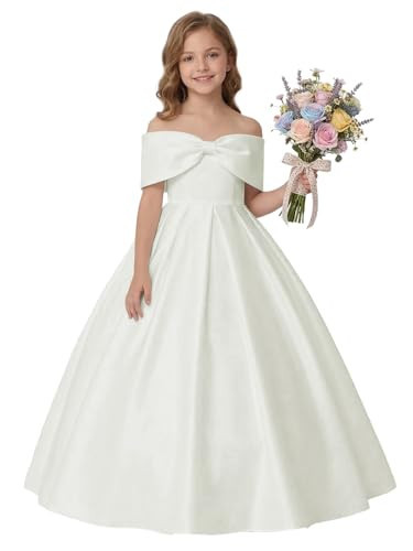 wyxis Satin Flower Girl Dress Ivory with Off The Shoulder Pageant Dresses for Girls Satin Princess Ball Gowns Size 6 | Amazon (US)
