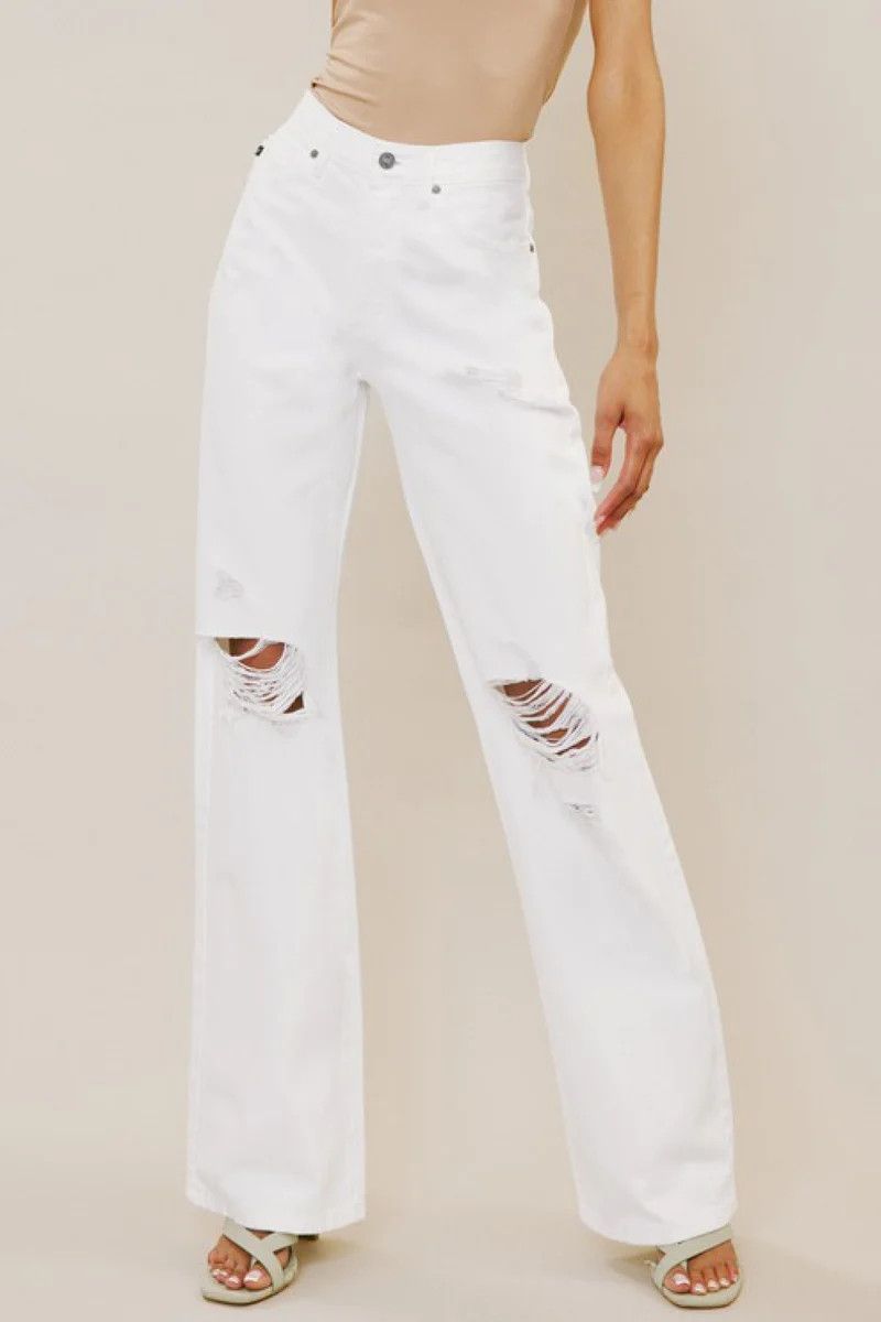 Kancan High-Rise Distressed Flare Jeans in White #17428 | Goodnight Macaroon