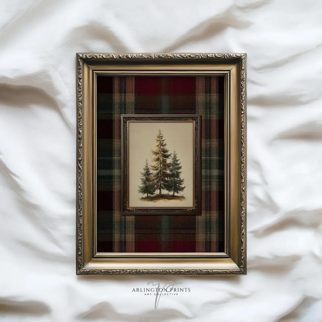 Classic Plaid Pine Tree Wall Art, Christmas Cabin Decor, Neutral Forest Print for Cozy Holiday Ho... | Etsy (US)