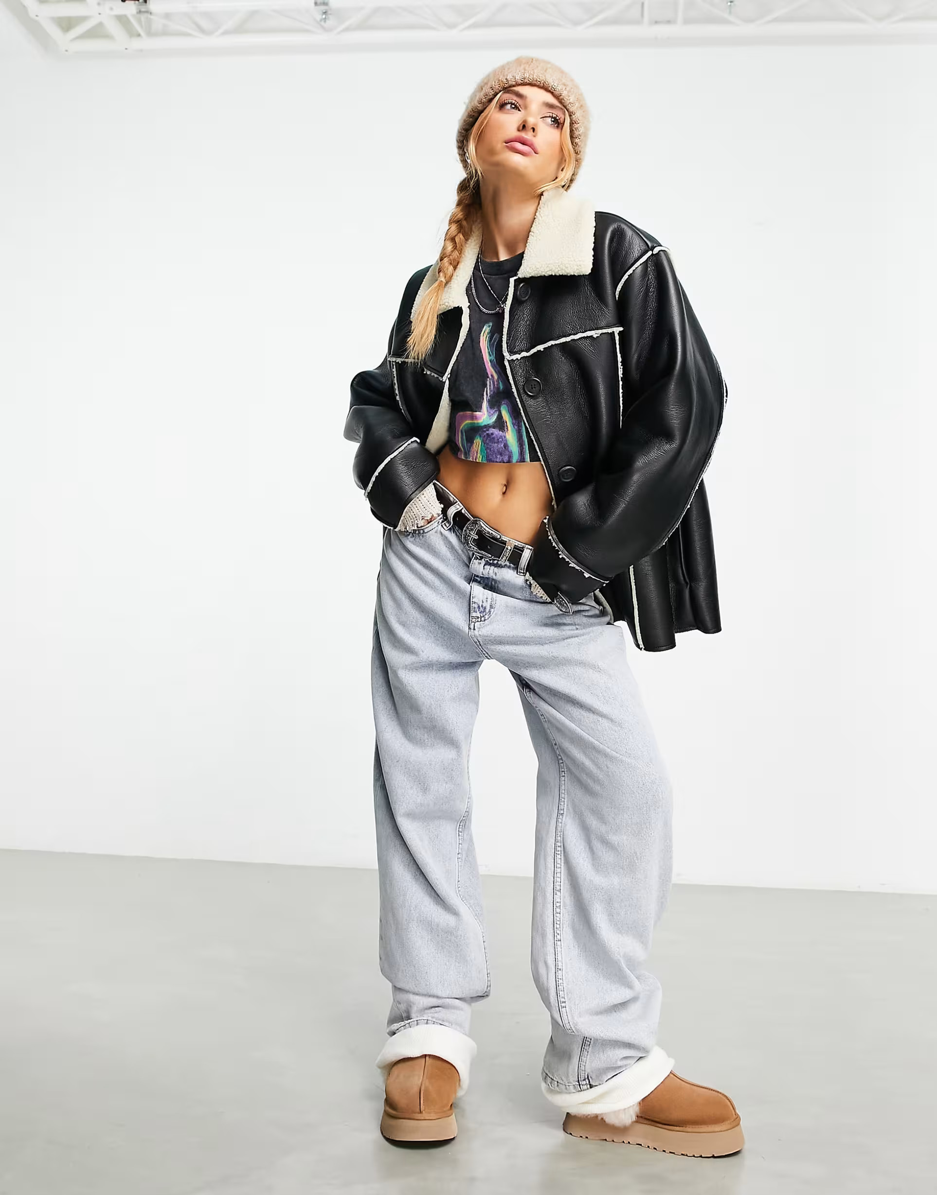 ASOS DESIGN faux leather bonded borg shacket in black | ASOS (Global)