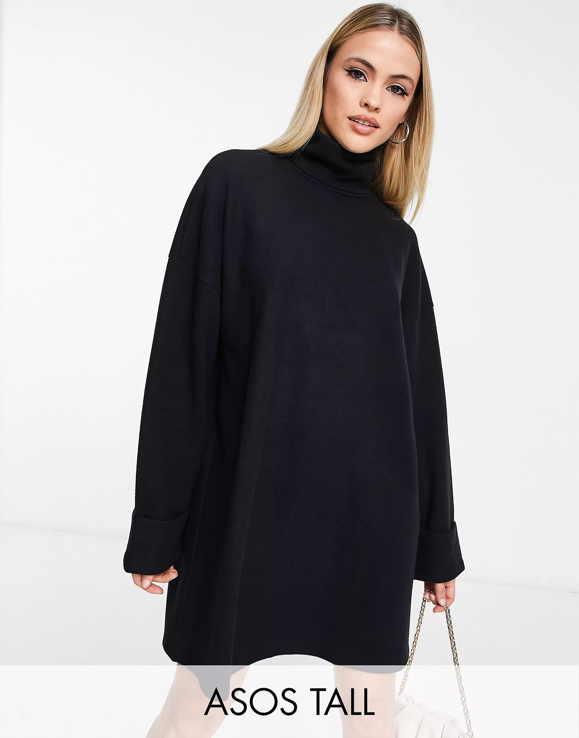 ASOS DESIGN Tall super soft turned cuff roll neck mini sweater dress in black | ASOS (Global)
