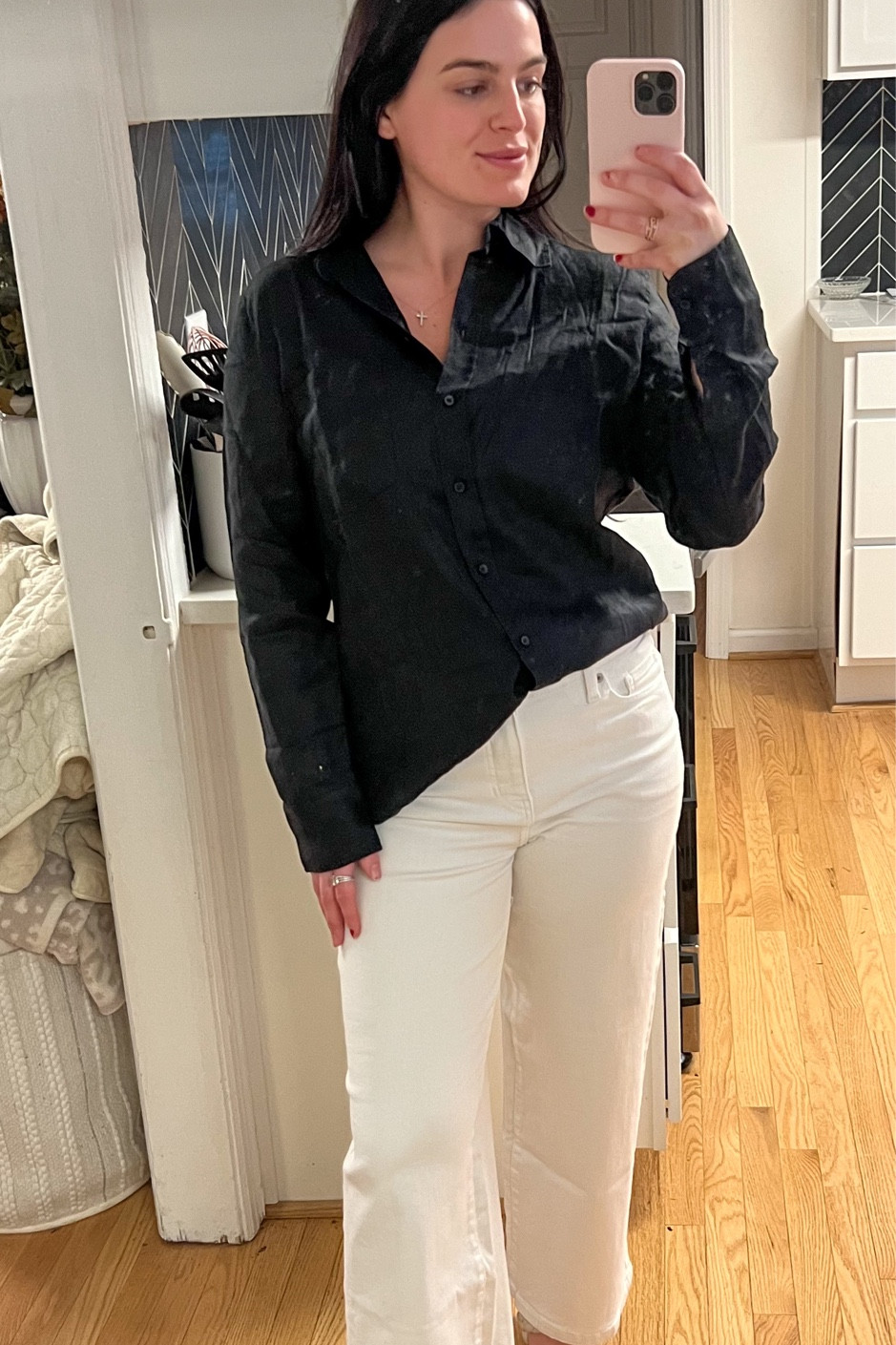 Black cotton button up blouse and high rise wide leg white jeans perfect for the office in the spring season!

#LTKworkwear #LTKSpringSale #LTKSeasonal