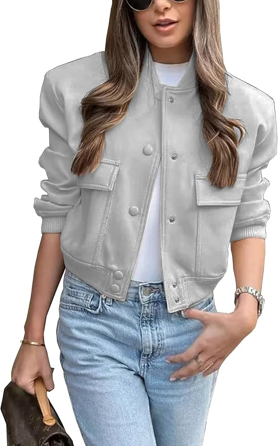 Lumister Women's Fashion Cropped Button Down Lightweight Cropped Bomber Jacket Varsity Shacket wi... | Amazon (US)