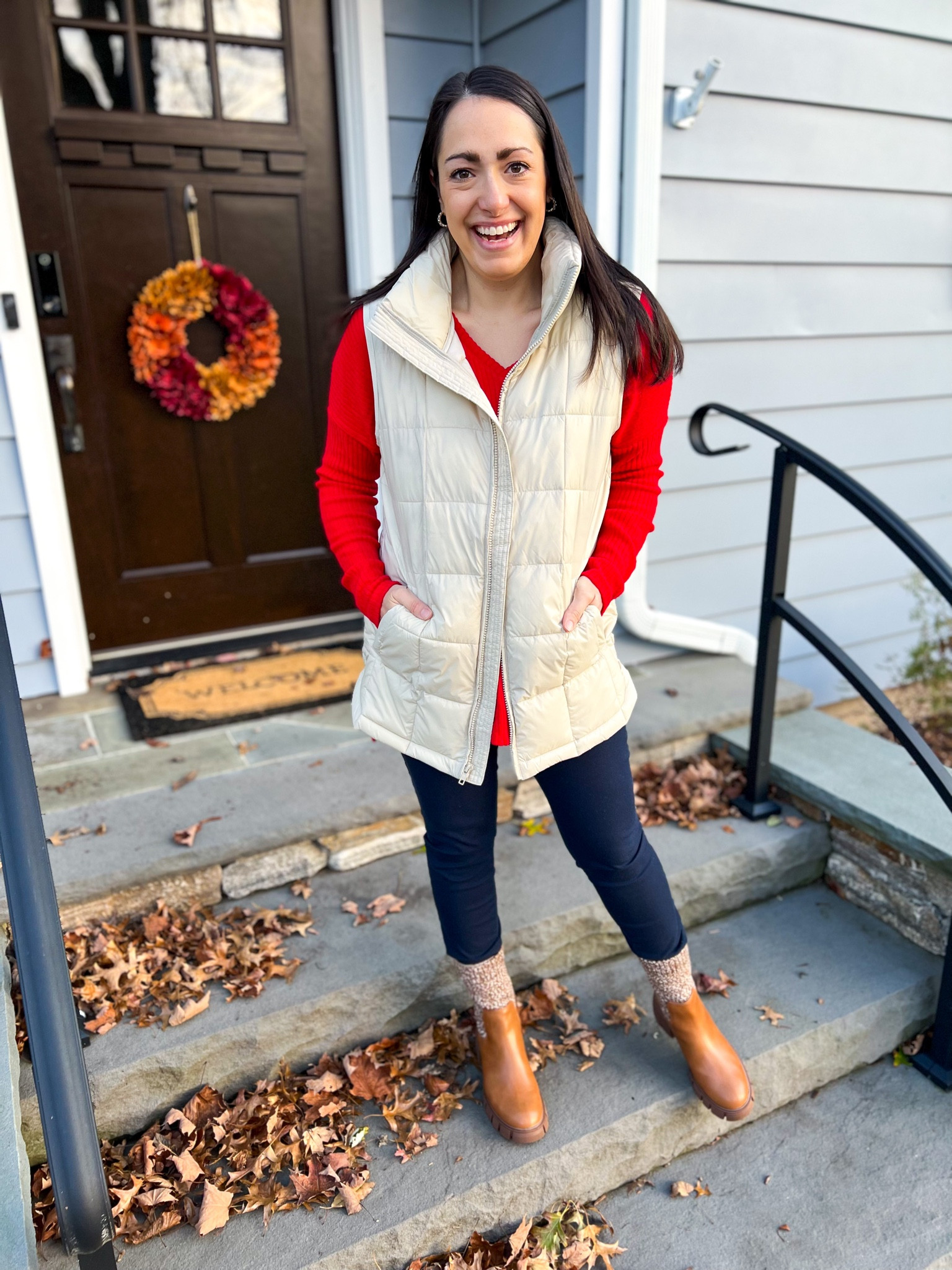 Red Walmart top: small
Maternity work pants: size 4
Boots: tts
Vest: XS 

#LTKstyletip #LTKworkwear #LTKSeasonal